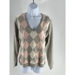 F&F 100% Cashmere Argyle Sweater in Gray, size 16 Preppy, Pastel, Light Academia